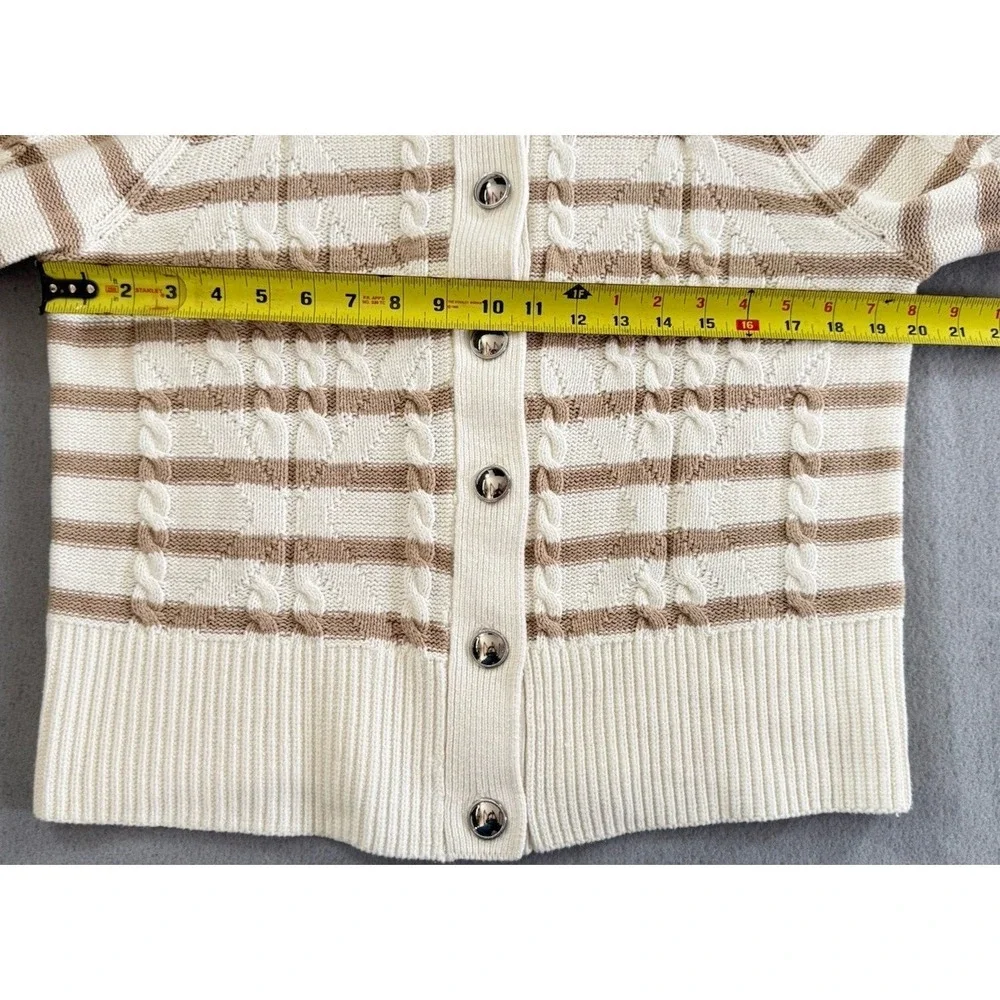 Talbots Striped Cable Knit Collared Cardigan Cream Tan Button Sweater M - Picture 6 of 9